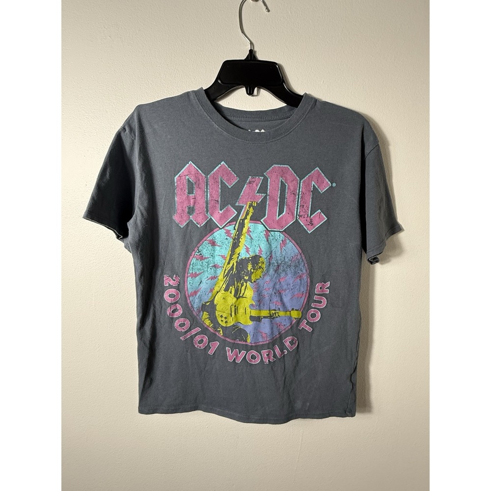 AC/DC T-Shirt Boys Large Gray Cotton Graphic Print‎ World Tour 2000 / Youth  XL